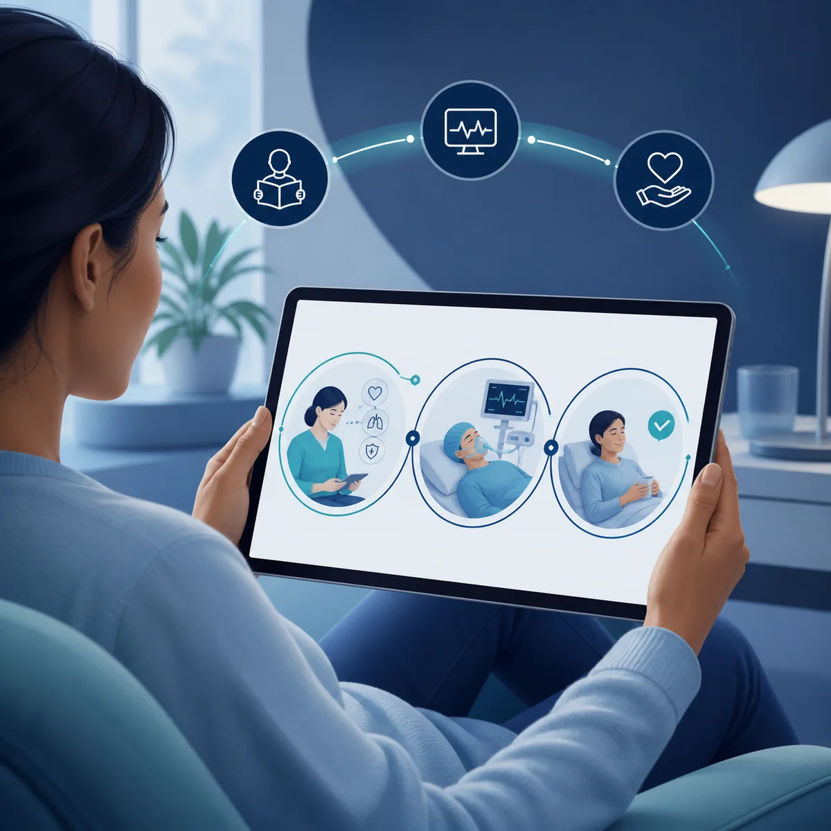 Editorial illustration of digital patient education before, during and after anaesthesia