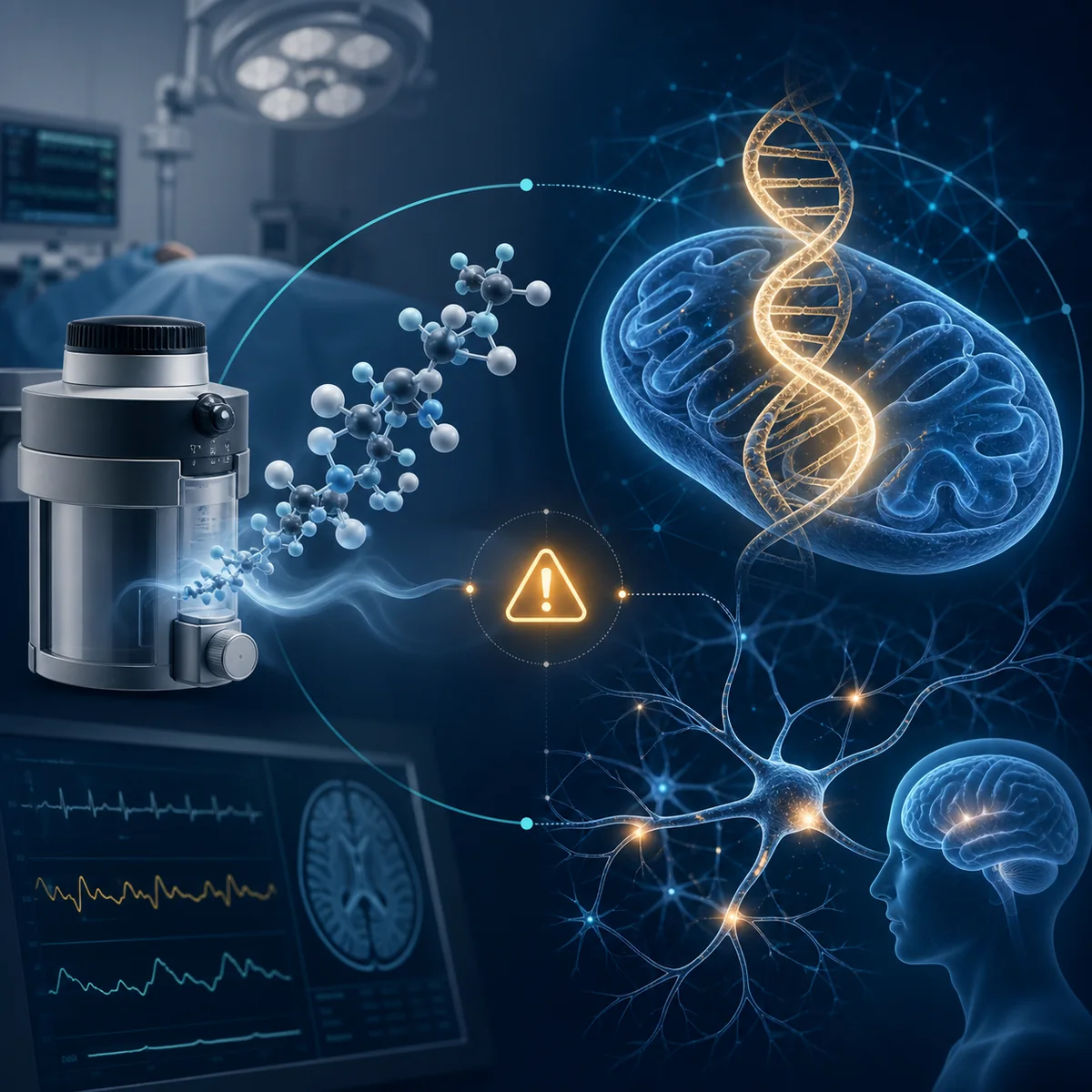Editorial illustration of volatile anaesthetics, mitochondrial genetics and neurologic safety monitoring